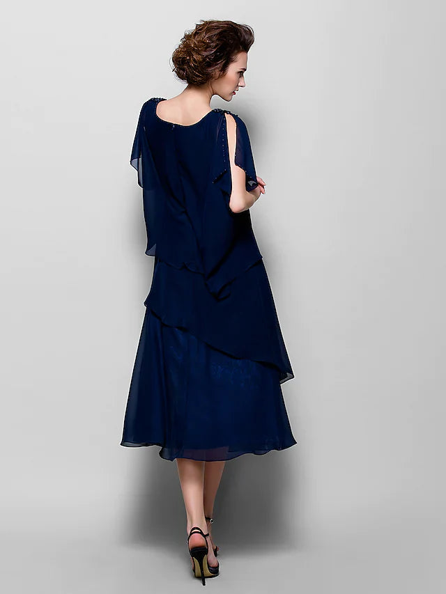 Wholesale A-Line Mother of the Bride Dress Plus Size Elegant Cowl Neck Tea Length Chiffon Short Sleeve with Ruffles